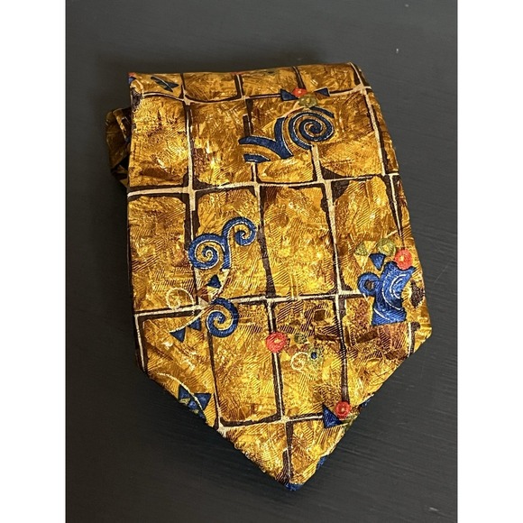 VTG Ermenegildo Zegna Tie‎ Exclusive Desin Shiny Paisley 100% Silk Gold Abstract